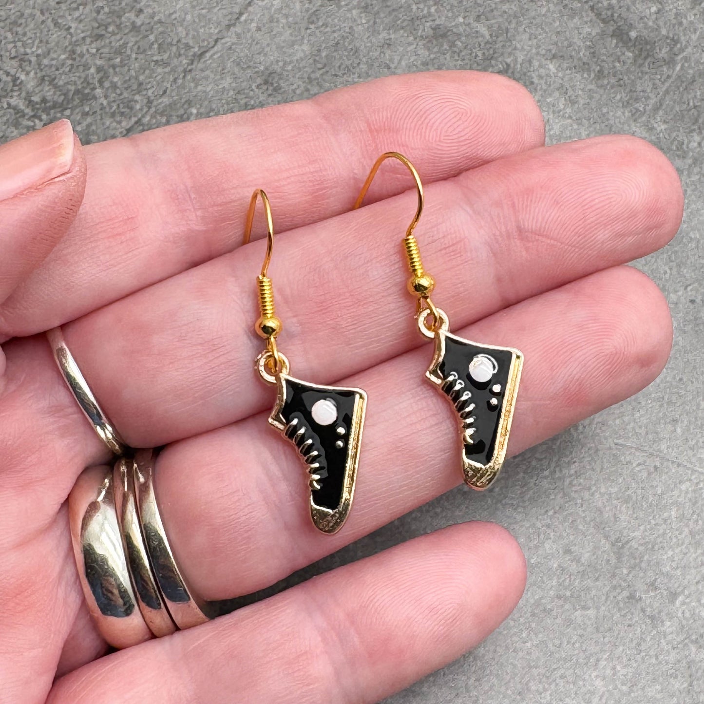 Trainer Charm Earrings, Black and White Enamel Shoe Charm Beads