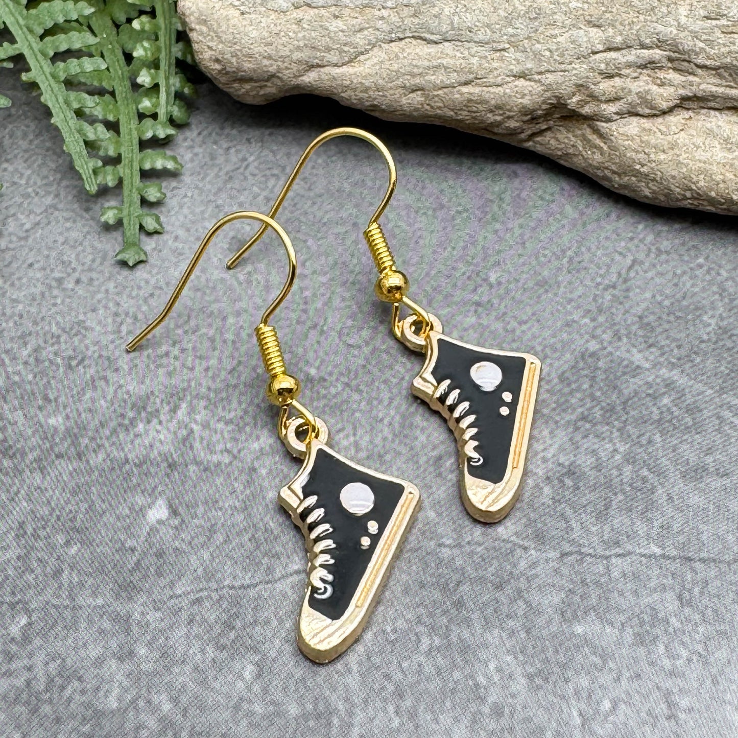 Trainer Charm Earrings, Black and White Enamel Shoe Charm Beads