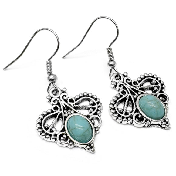 Turquoise Drop Earrings, Swirly Silver Tone Charms with Blue Resin Stone