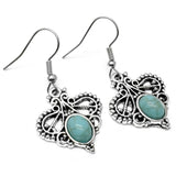 Turquoise Drop Earrings, Swirly Silver Tone Charms with Blue Resin Stone