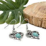 Turquoise Drop Earrings, Swirly Silver Tone Charms with Blue Resin Stone