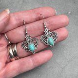 Turquoise Drop Earrings, Swirly Silver Tone Charms with Blue Resin Stone