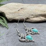 Turquoise Drop Earrings, Swirly Silver Tone Charms with Blue Resin Stone