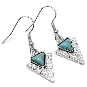 Turquoise Triangle Earrings, Tibetan Silver Charms with Blue Resin