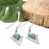 Turquoise Triangle Earrings, Tibetan Silver Charms with Blue Resin