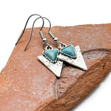 Turquoise Triangle Earrings, Tibetan Silver Charms with Blue Resin