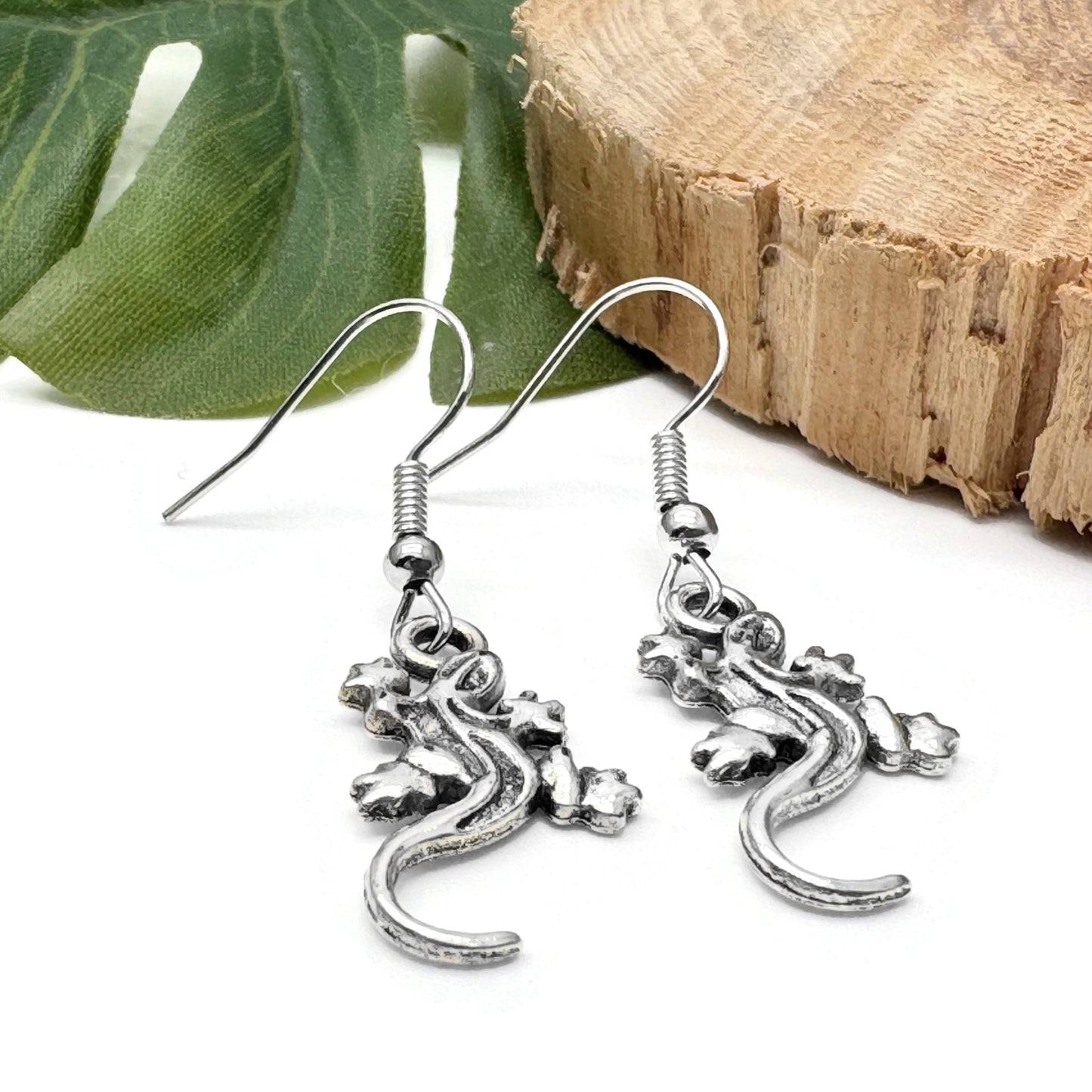 Lizard Earrings, Tibetan Silver Tone Reptile Charms