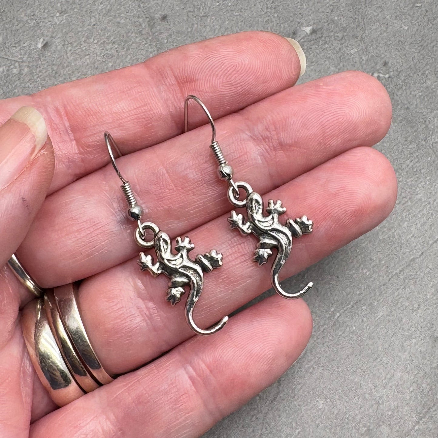 Lizard Earrings, Tibetan Silver Tone Reptile Charms