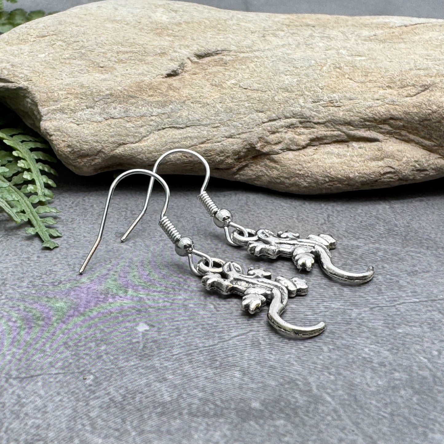 Lizard Earrings, Tibetan Silver Tone Reptile Charms