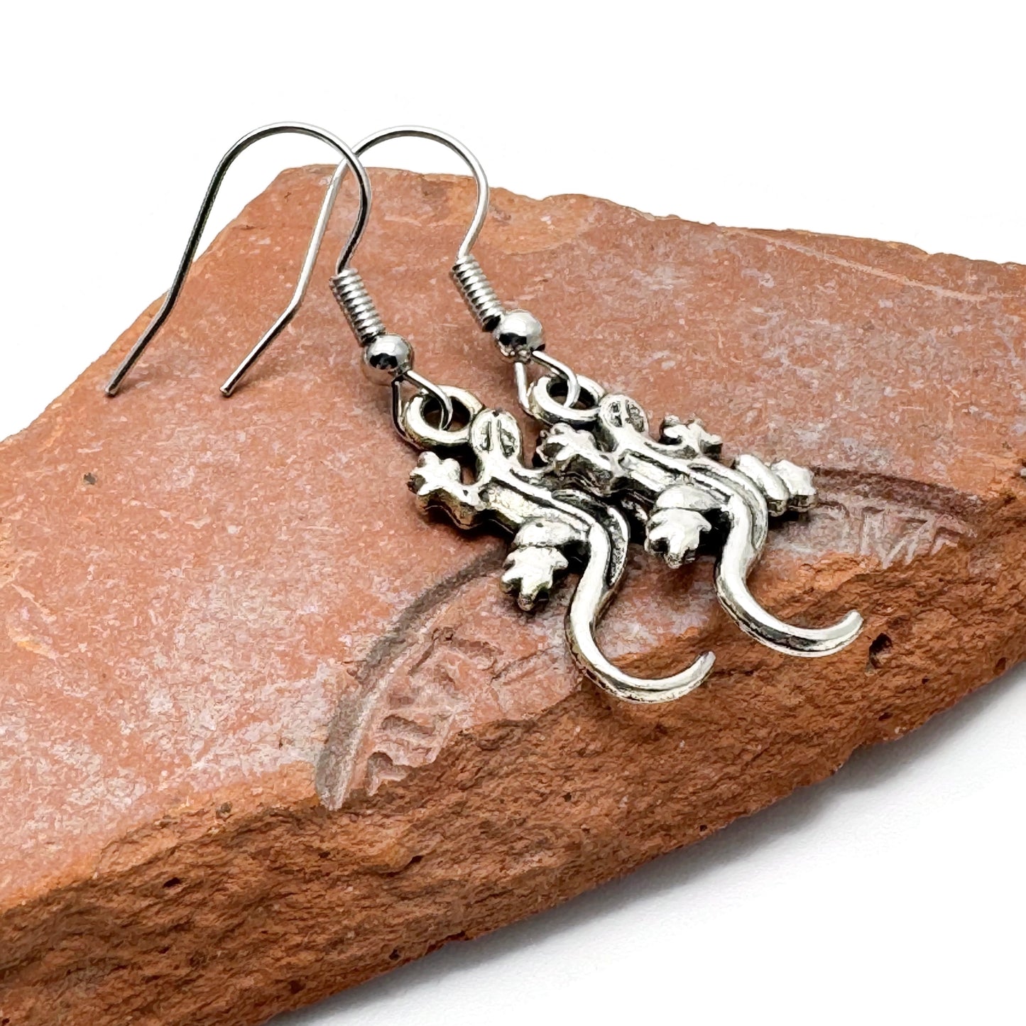 Lizard Earrings, Tibetan Silver Tone Reptile Charms