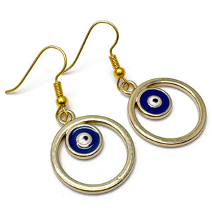 Evil Eye Earrings, Gold Plated Circle and Blue Enamel Symbol