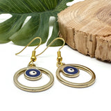 Evil Eye Earrings, Gold Plated Circle and Blue Enamel Symbol