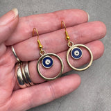 Evil Eye Earrings, Gold Plated Circle and Blue Enamel Symbol