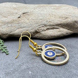 Evil Eye Earrings, Gold Plated Circle and Blue Enamel Symbol