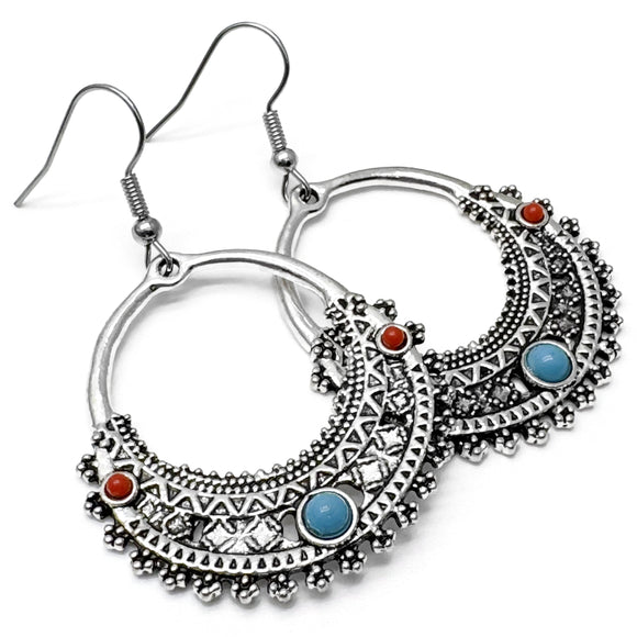 Large Antique Look Earrings, Tibetan Silver Tone, Turquoise and Red