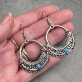 Large Antique Look Earrings, Tibetan Silver Tone, Turquoise and Red