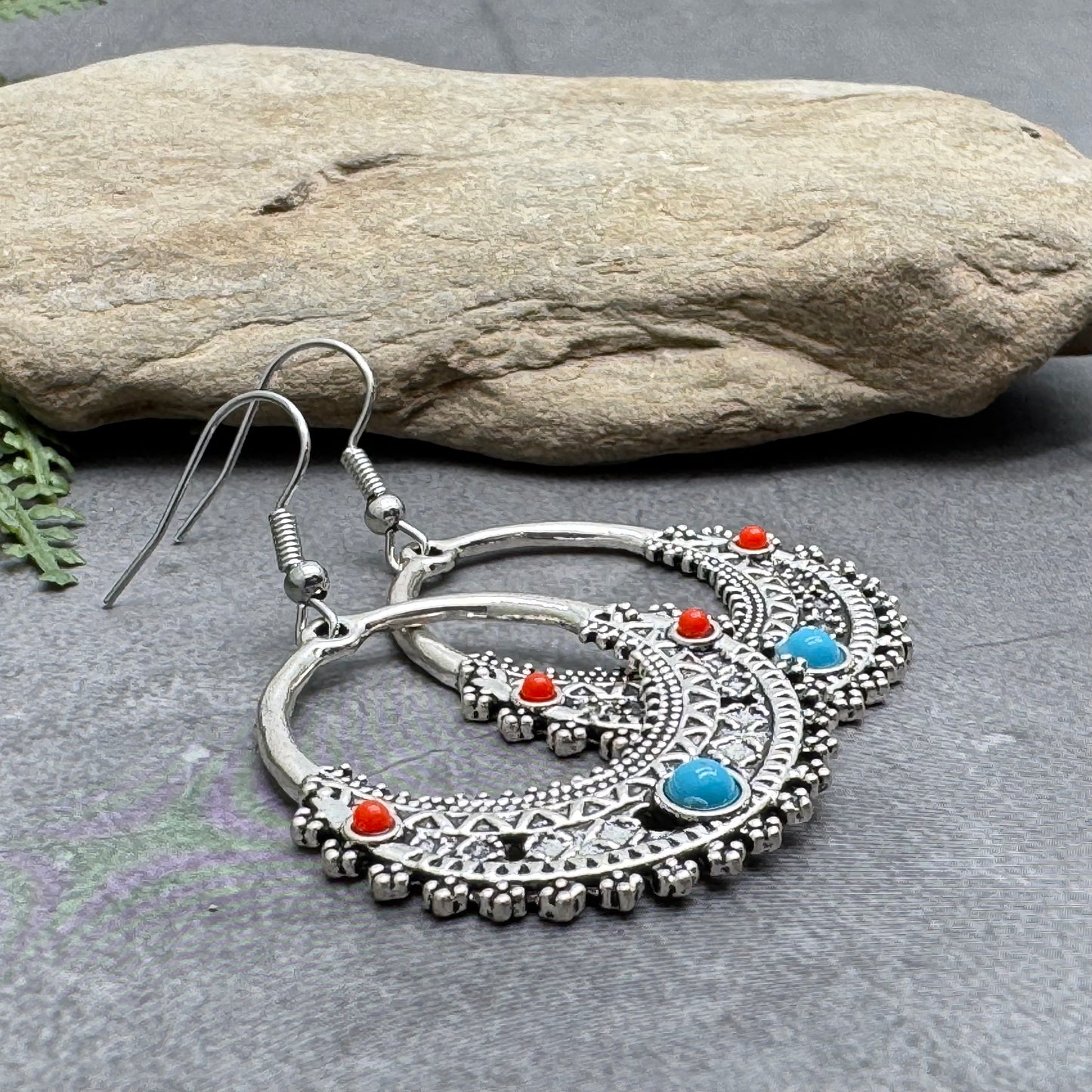 Large Antique Look Earrings, Tibetan Silver Tone, Turquoise and Red