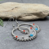 Large Antique Look Earrings, Tibetan Silver Tone, Turquoise and Red