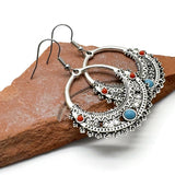 Large Antique Look Earrings, Tibetan Silver Tone, Turquoise and Red