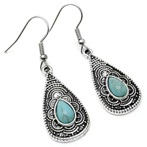 Turquoise Tear Drop Earrings, Tibetan Silver with Blue Resin