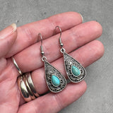 Turquoise Tear Drop Earrings, Tibetan Silver with Blue Resin