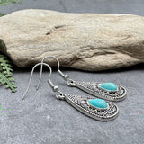 Turquoise Tear Drop Earrings, Tibetan Silver with Blue Resin