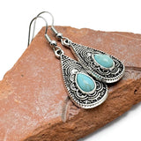 Turquoise Tear Drop Earrings, Tibetan Silver with Blue Resin