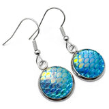 Mermaid Earrings, Shiny Blue Scale Charm Beads on Silver Tone Hooks