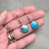 Mermaid Earrings, Shiny Blue Scale Charm Beads on Silver Tone Hooks