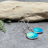 Mermaid Earrings, Shiny Blue Scale Charm Beads on Silver Tone Hooks