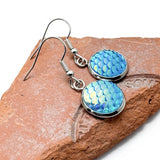 Mermaid Earrings, Shiny Blue Scale Charm Beads on Silver Tone Hooks