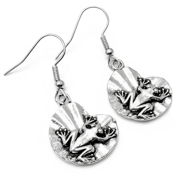 Frog Earrings, Cute Tibetan Silver Tone Frog Charms