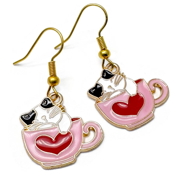 Cat Earrings, Cute Kitty in a Pink Heart Cup, Enamel Charms