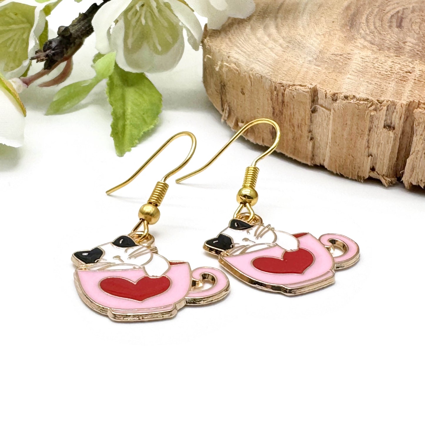 Cat Earrings, Cute Kitty in a Pink Heart Cup, Enamel Charms