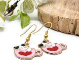 Cat Earrings, Cute Kitty in a Pink Heart Cup, Enamel Charms