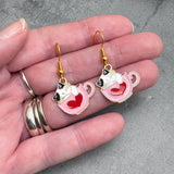 Cat Earrings, Cute Kitty in a Pink Heart Cup, Enamel Charms