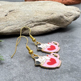 Cat Earrings, Cute Kitty in a Pink Heart Cup, Enamel Charms