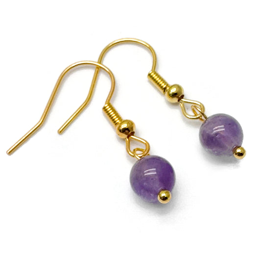 Tiny Amethyst Bead Earrings, 29mm Long on Gold Tone Hooks