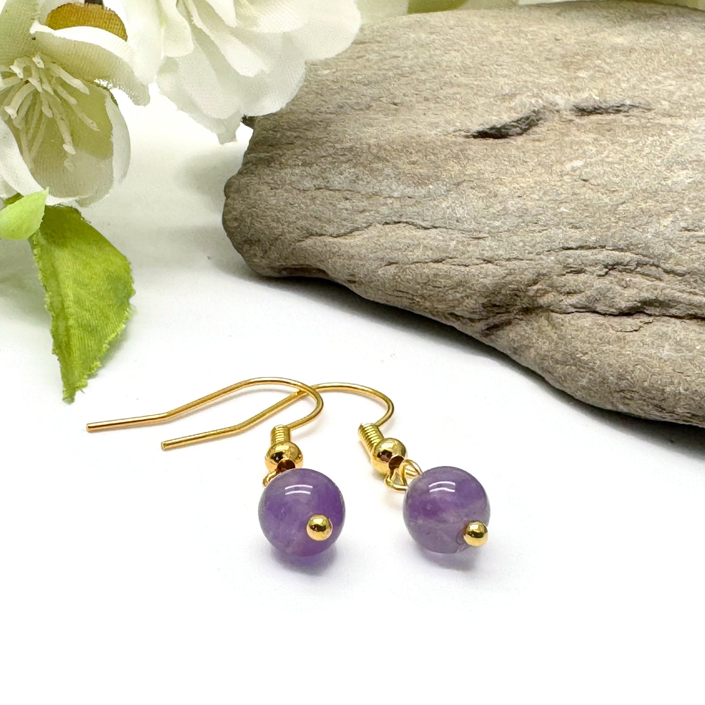 Tiny Amethyst Bead Earrings, 29mm Long on Gold Tone Hooks