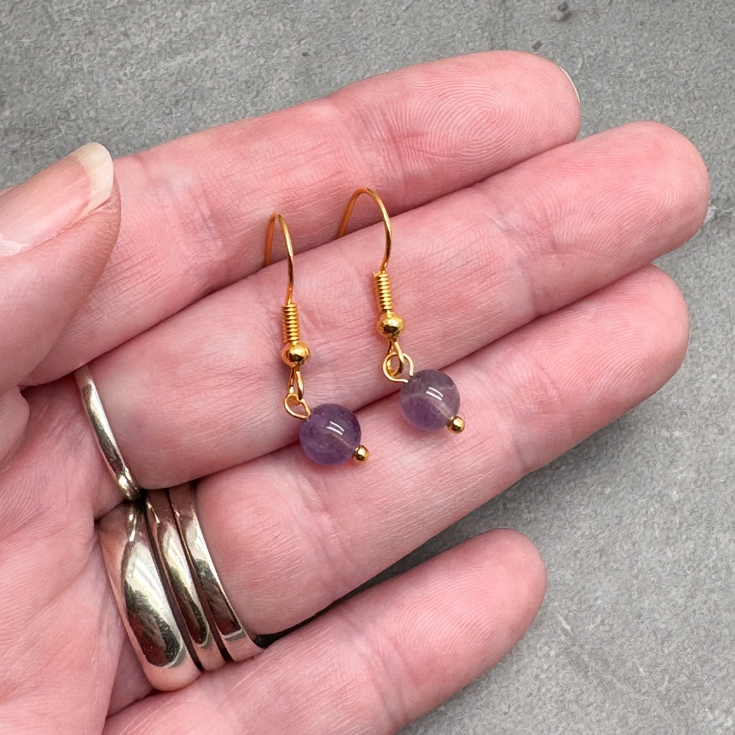 Tiny Amethyst Bead Earrings, 29mm Long on Gold Tone Hooks