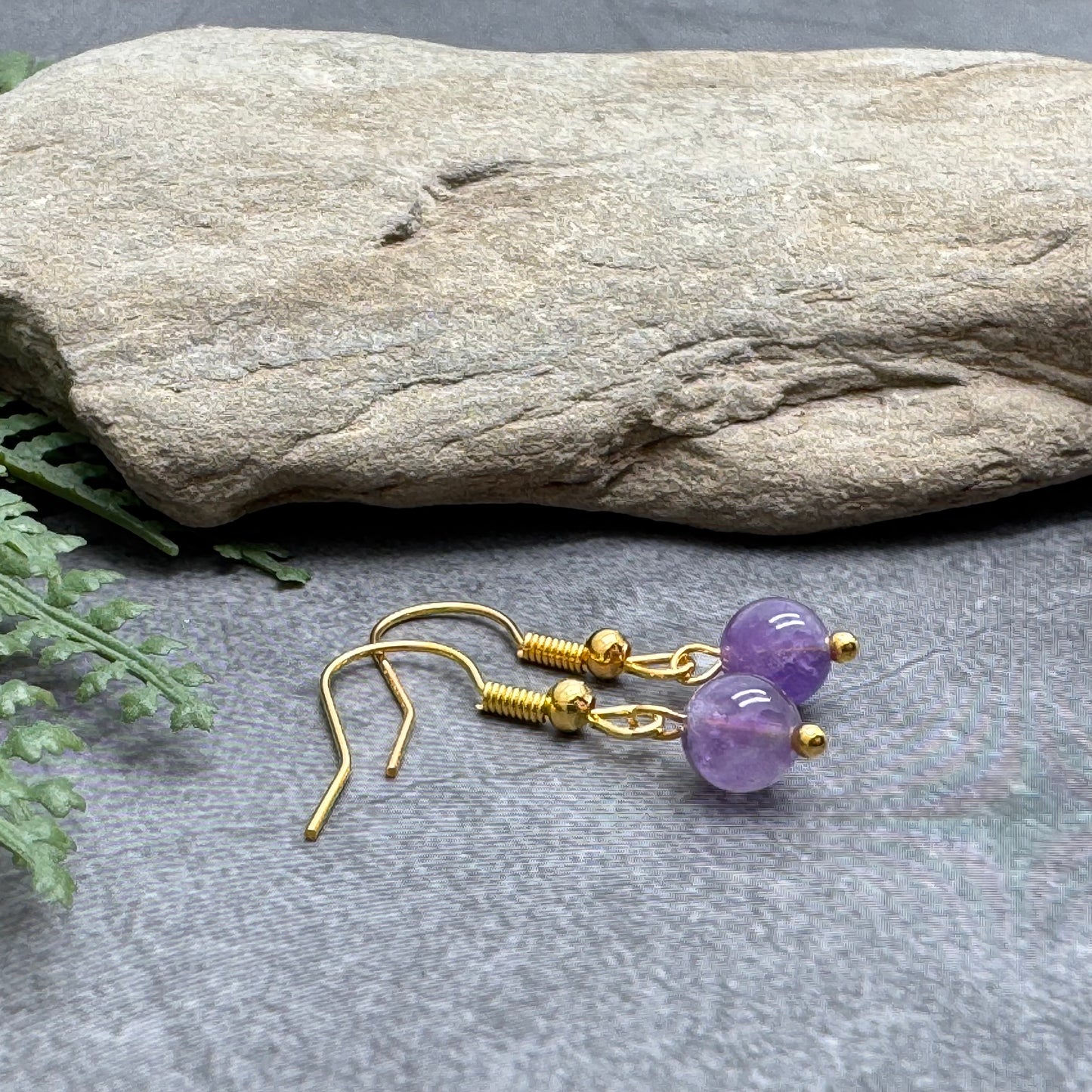 Tiny Amethyst Bead Earrings, 29mm Long on Gold Tone Hooks
