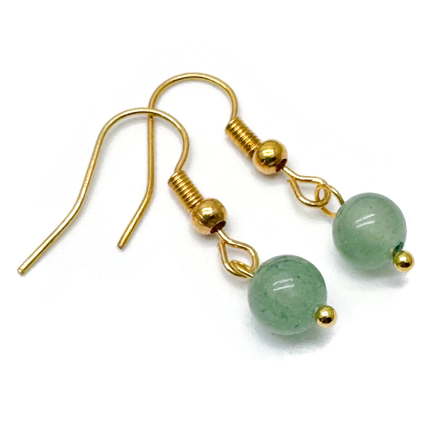 Tiny Green Aventurine Bead Earrings, 29mm Long on Gold Tone Hooks