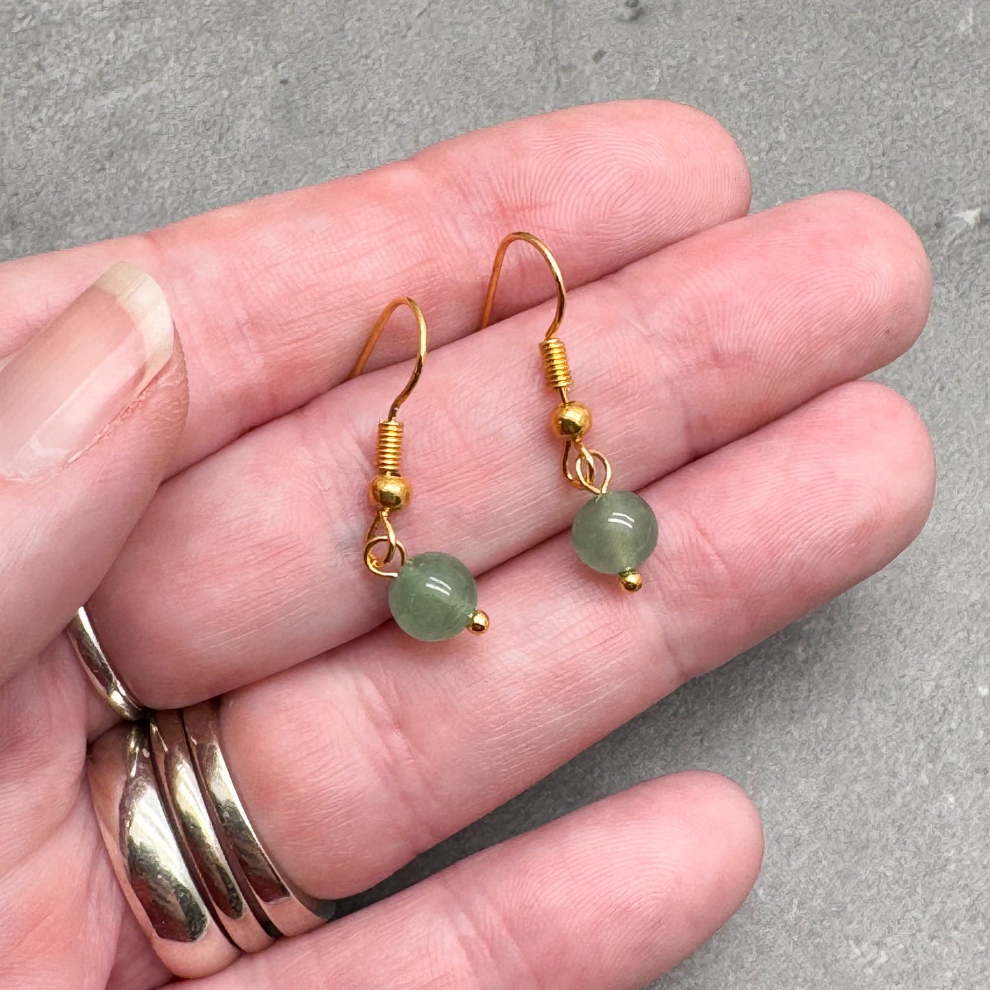 Tiny Green Aventurine Bead Earrings, 29mm Long on Gold Tone Hooks