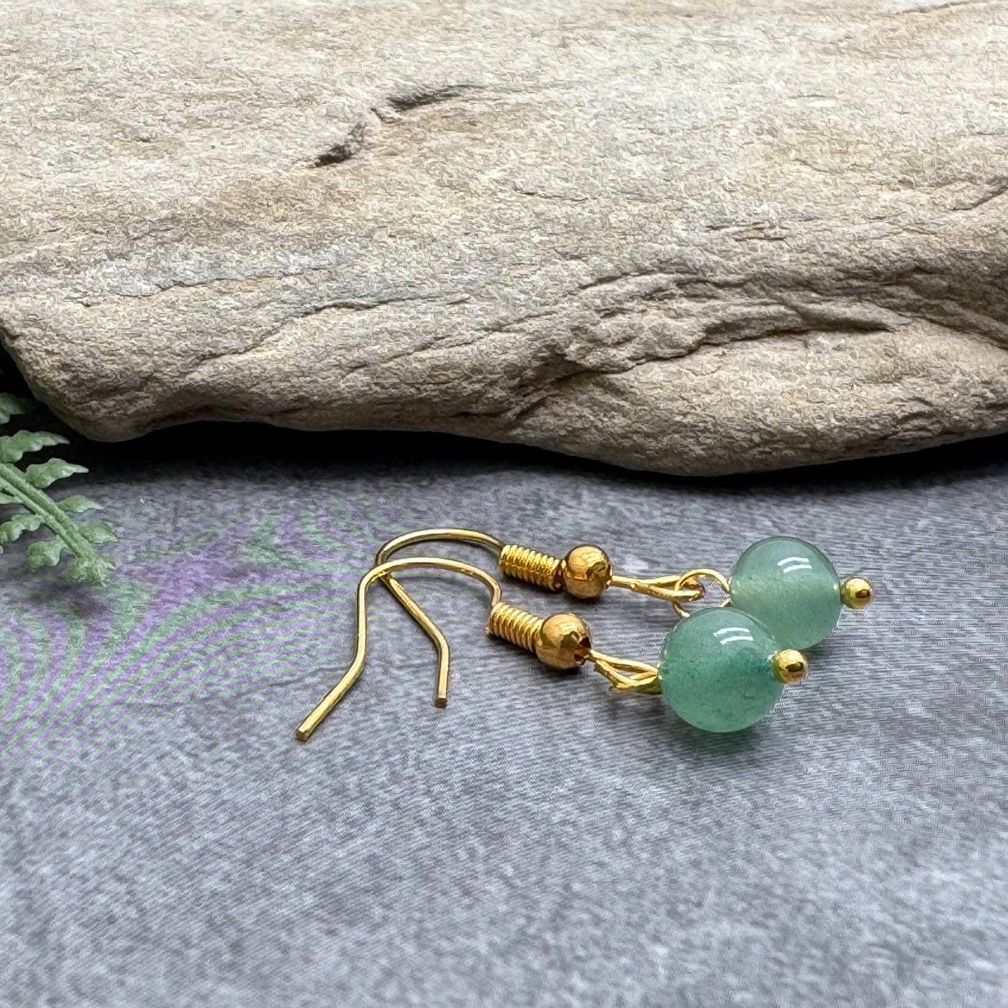 Tiny Green Aventurine Bead Earrings, 29mm Long on Gold Tone Hooks