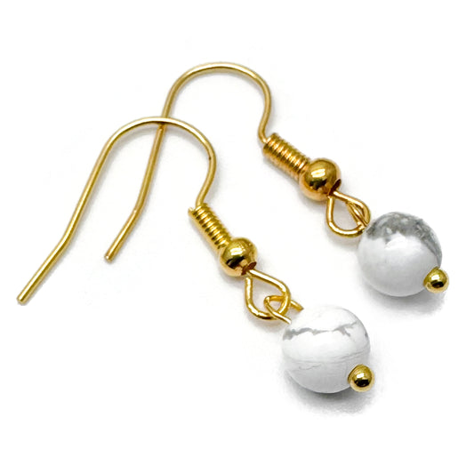 Tiny Howlite Bead Earrings, 29mm Long on Gold Tone Hooks