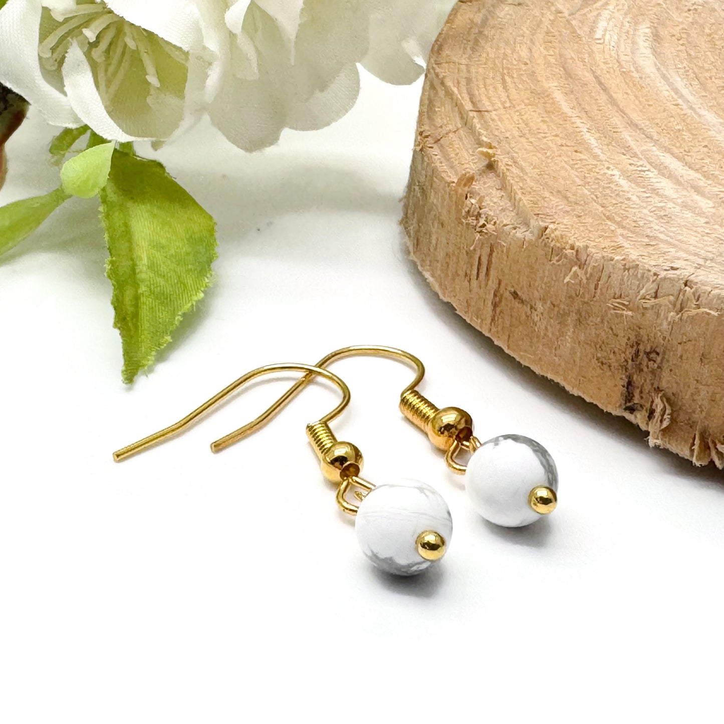 Tiny Howlite Bead Earrings, 29mm Long on Gold Tone Hooks