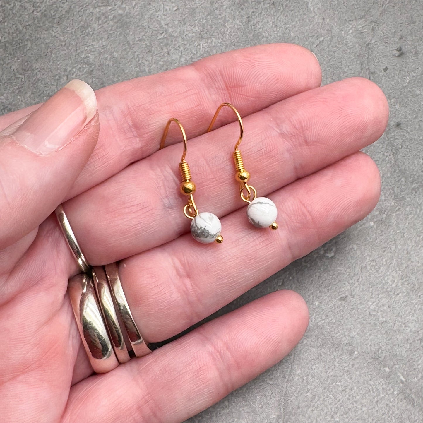 Tiny Howlite Bead Earrings, 29mm Long on Gold Tone Hooks
