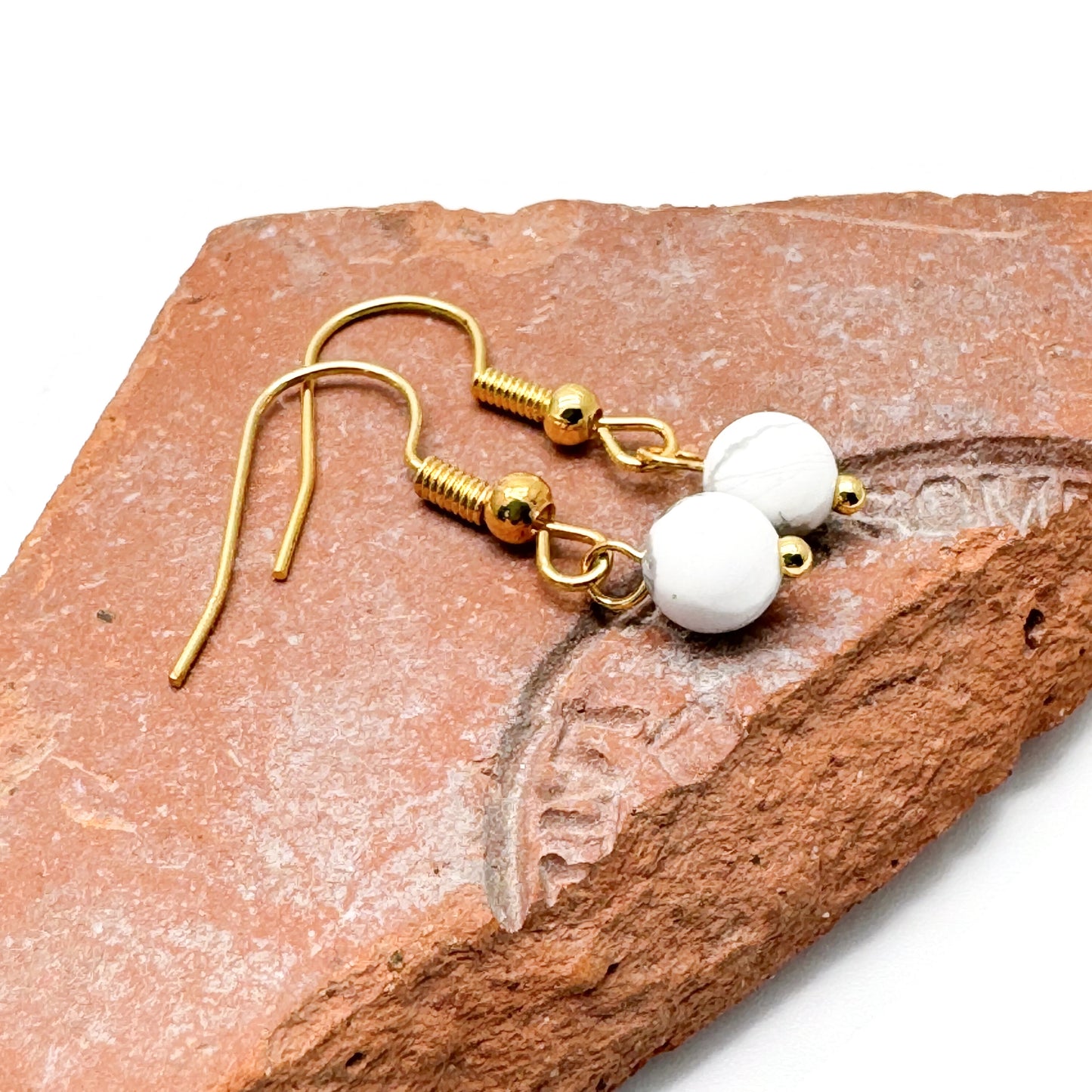 Tiny Howlite Bead Earrings, 29mm Long on Gold Tone Hooks