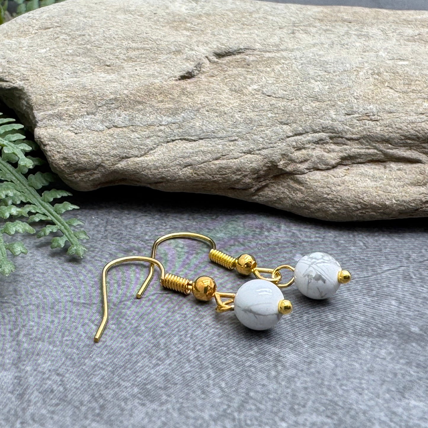 Tiny Howlite Bead Earrings, 29mm Long on Gold Tone Hooks