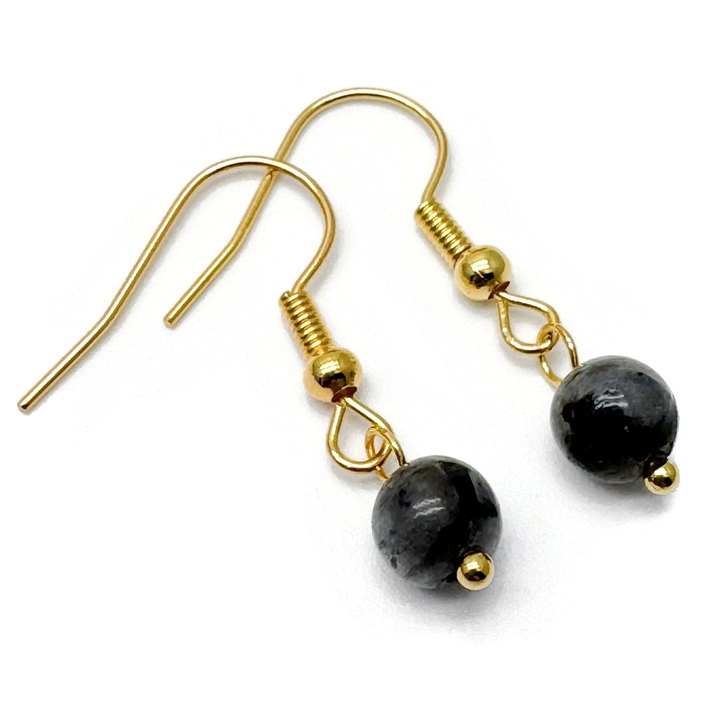 Tiny Larvikite Bead Earrings, 29mm Long on Gold Tone Hooks